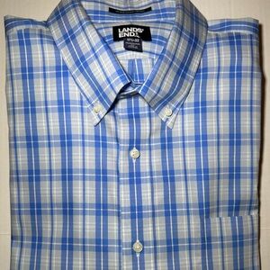 Lands’ End Blue Plaid No Iron Supima Pinpoint Button Down Collar Shirt 17 1/2-33